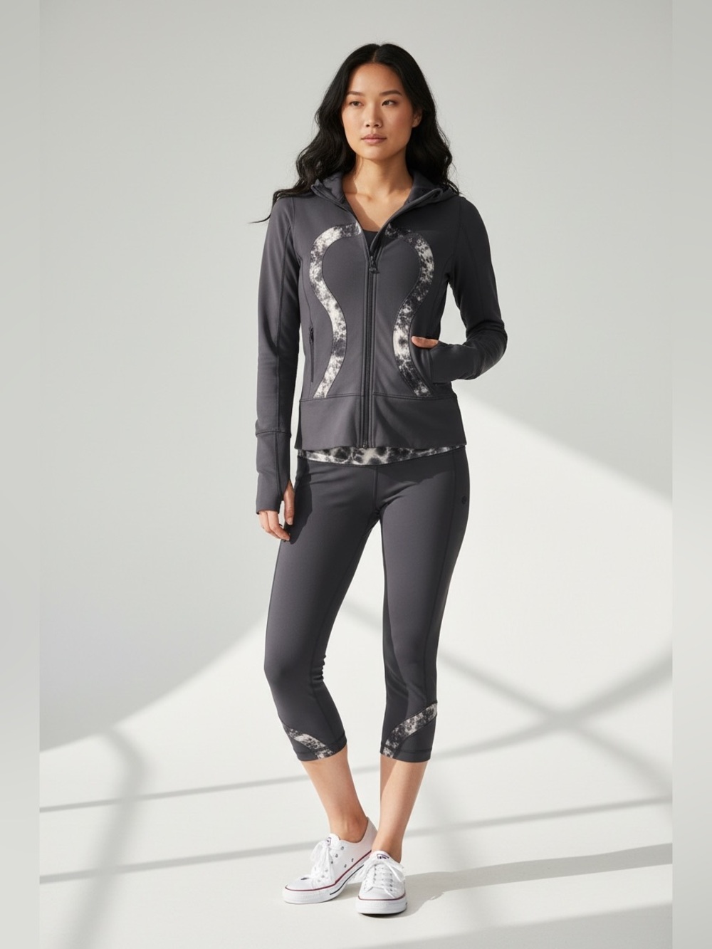 Lululemon Matching Set Stride Charcoal Cropped Capris with Contrast Panels
